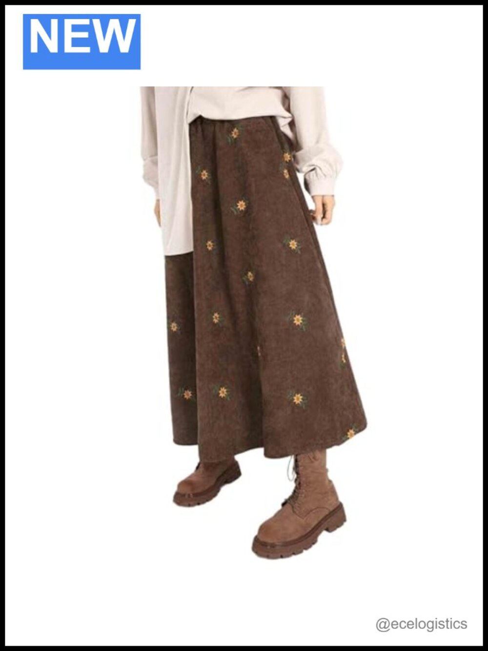 Women's Retro Corduroy A-Line Skirt Embroidered Floral Over Knee High Rise
